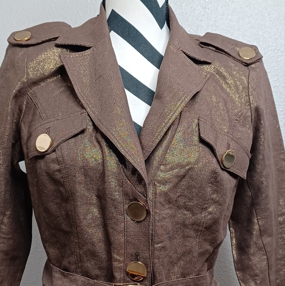 NWT Cache Mob Wife Sz S Metallic Gold Button Front Belted Linen Blend Jacketed. - Picture 4 of 15